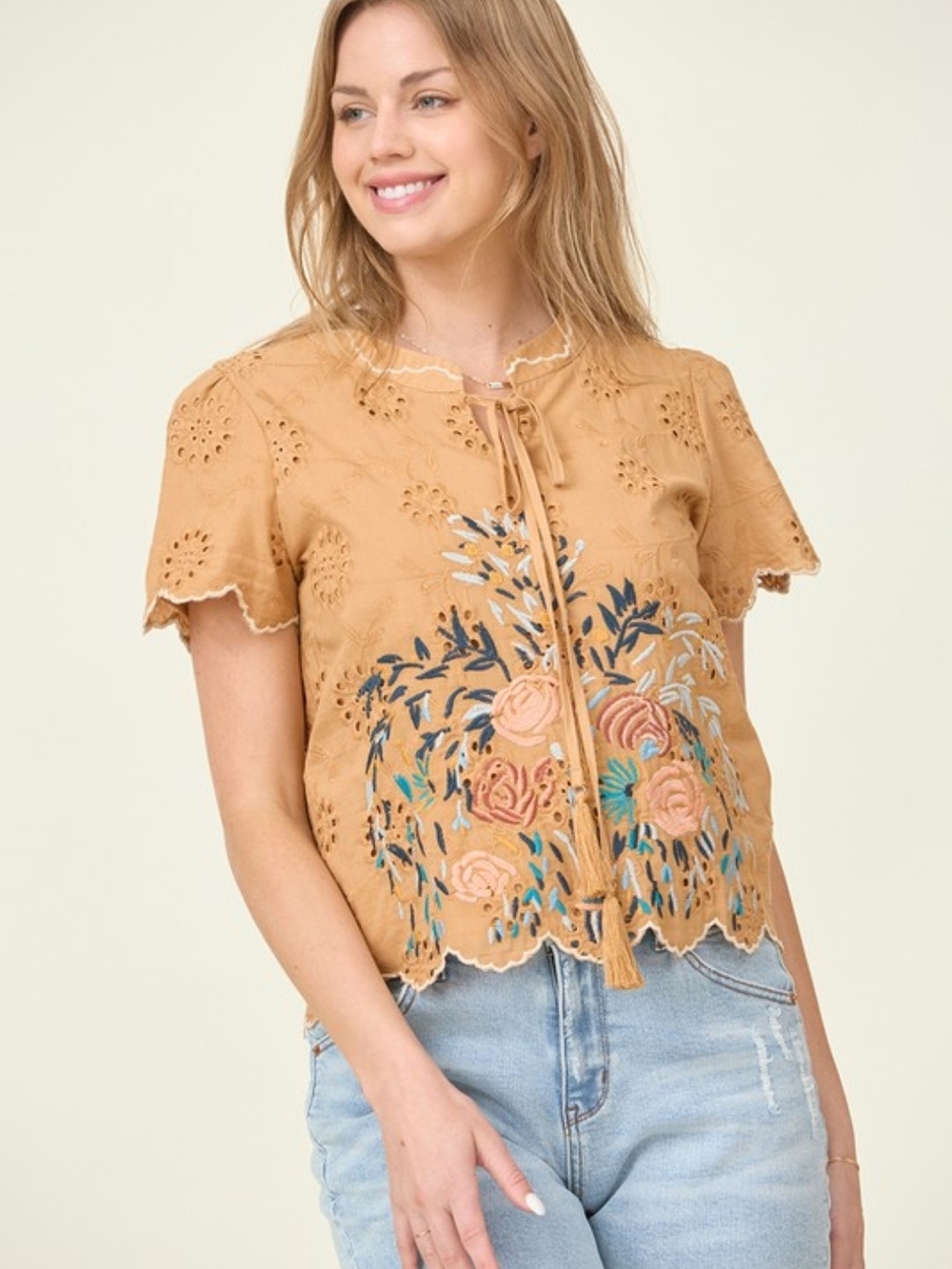 Embroidered Tan Eyelet Tie-Front Women's Top Caramel